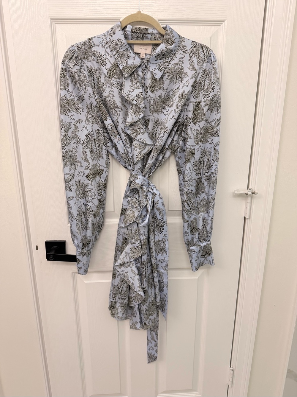 cinq a sept Light Blue Floral Ruffle Tie-Waist Blouse